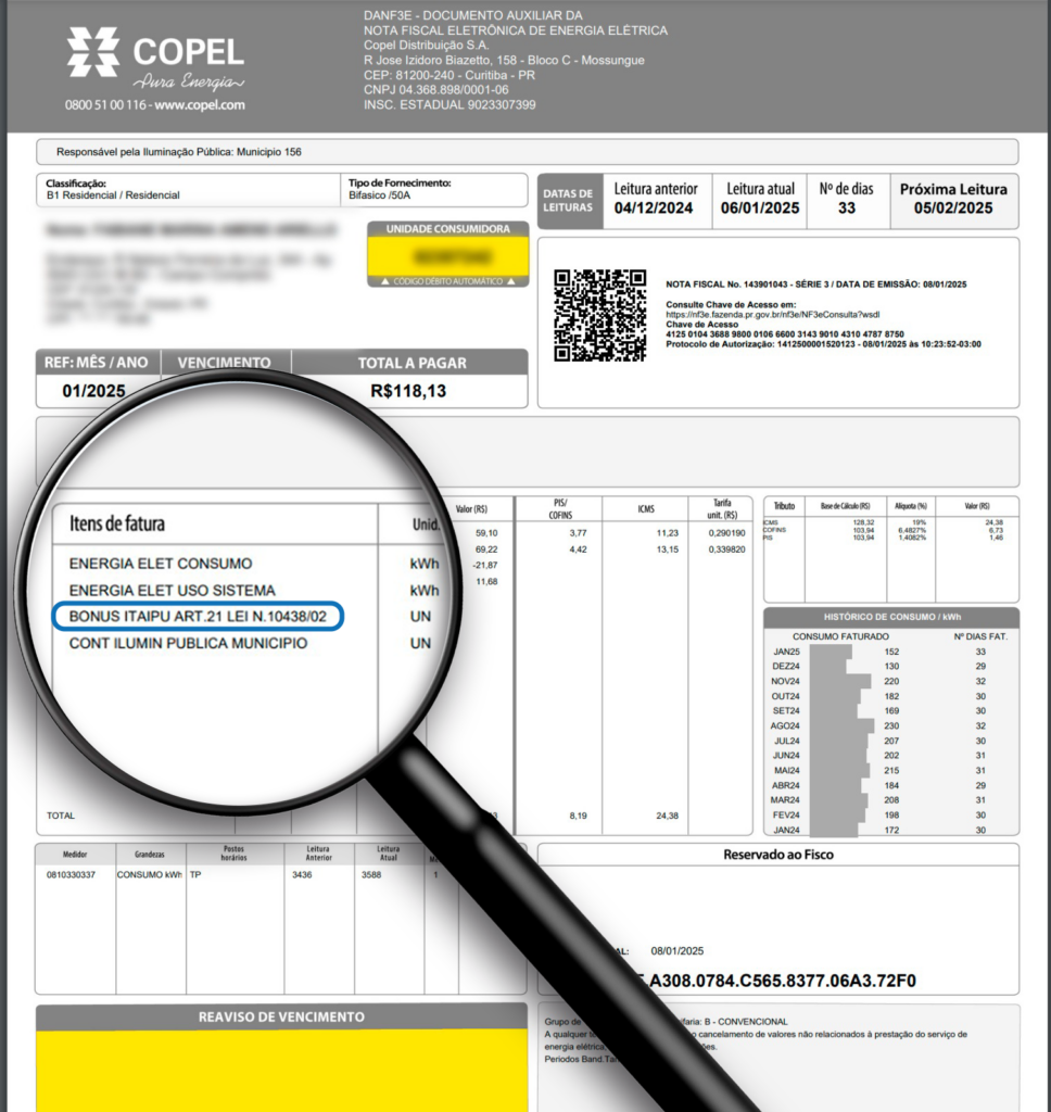 Desconto aparece na aba “itens da fatura” como “bônus Itaipu art.21, Lei n. 10438/02”.