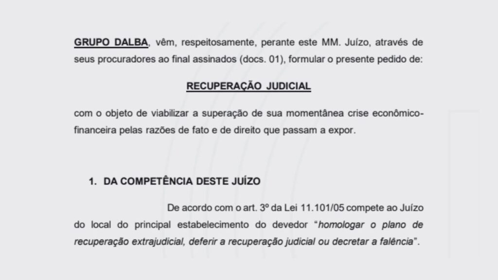 Grupo Dalba entra com pedido de Recuperação Judicial.