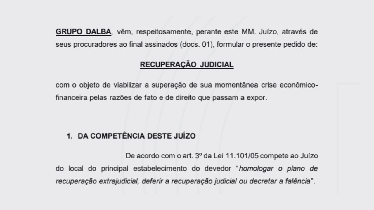 Grupo Dalba entra com pedido de Recuperação Judicial.