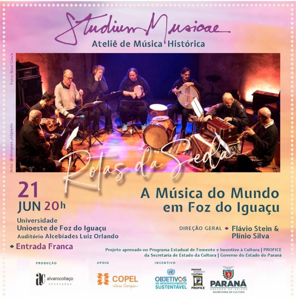 Studium Musicae apresenta concerto gratuito "Rotas da Seda" em Foz do Iguaçu no dia 21 de junho, no Auditório Alcibíades Luiz Orlando.